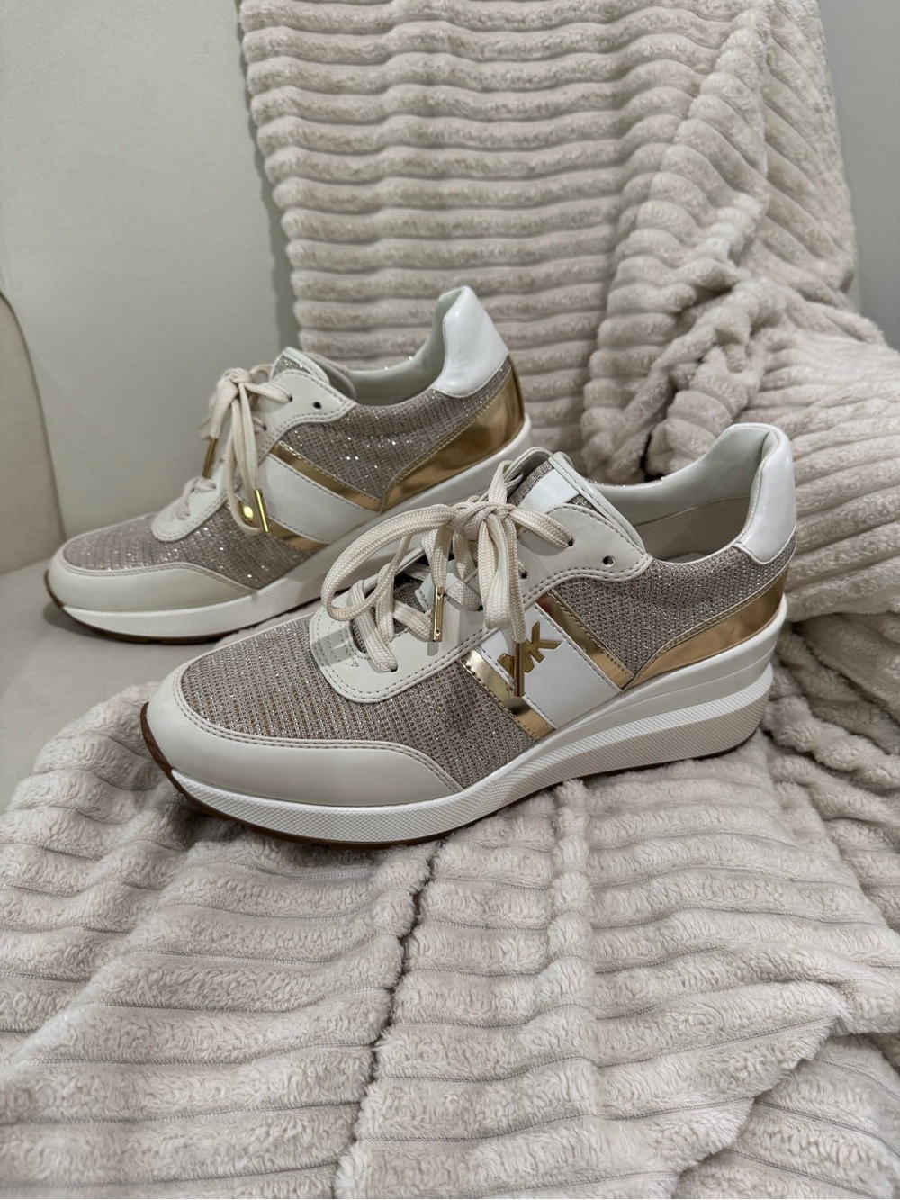 Michael Kors Beige, White and Gold Wedge Sneakers